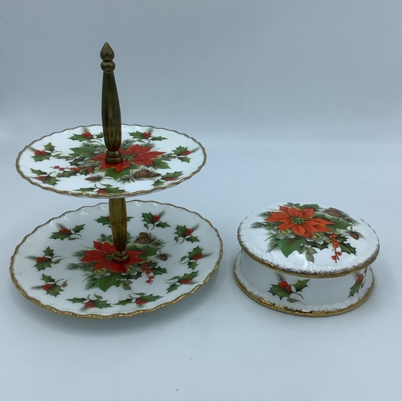 Flambro Other - Vintage Flambro Christmas Rose Mini Tiered Tray and Trinket Box